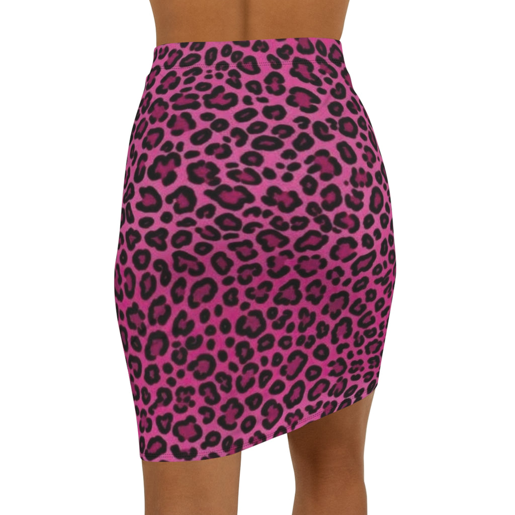 Pink Leopard Print Pencil Skirt — Women's Mid-Waist cheetah Print - PINK ROGUE PIXIE -