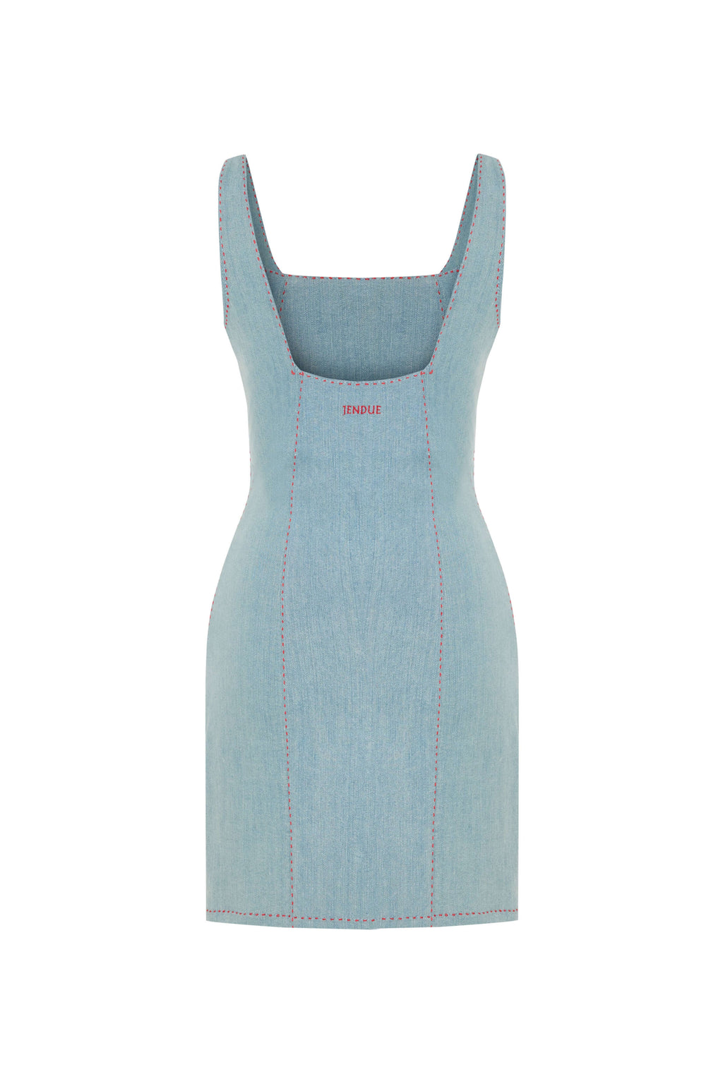 JENDUE Rachele Dress - Denim Mini Dress with Red Stitch