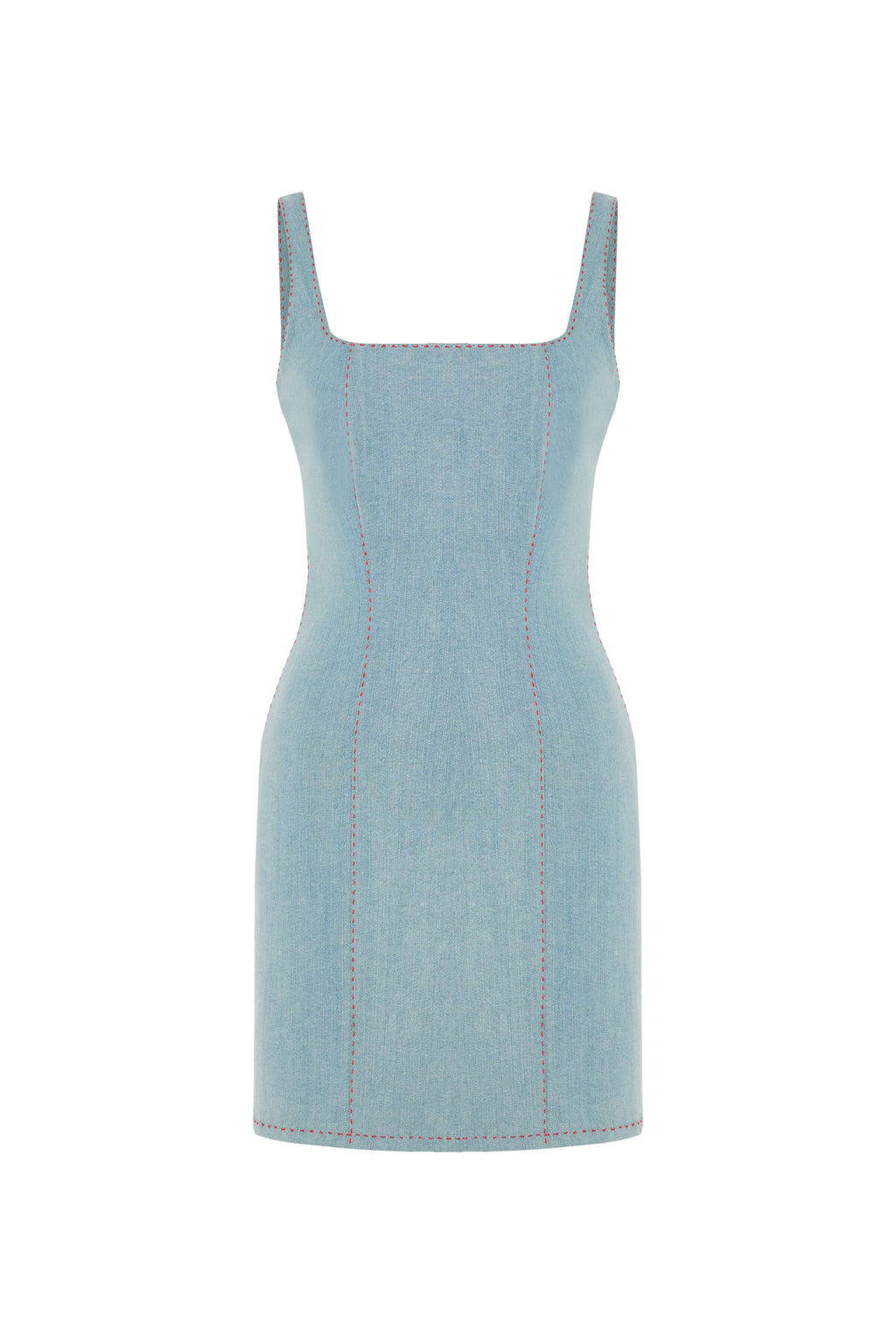 JENDUE Rachele Dress - Denim Mini Dress with Red Stitch