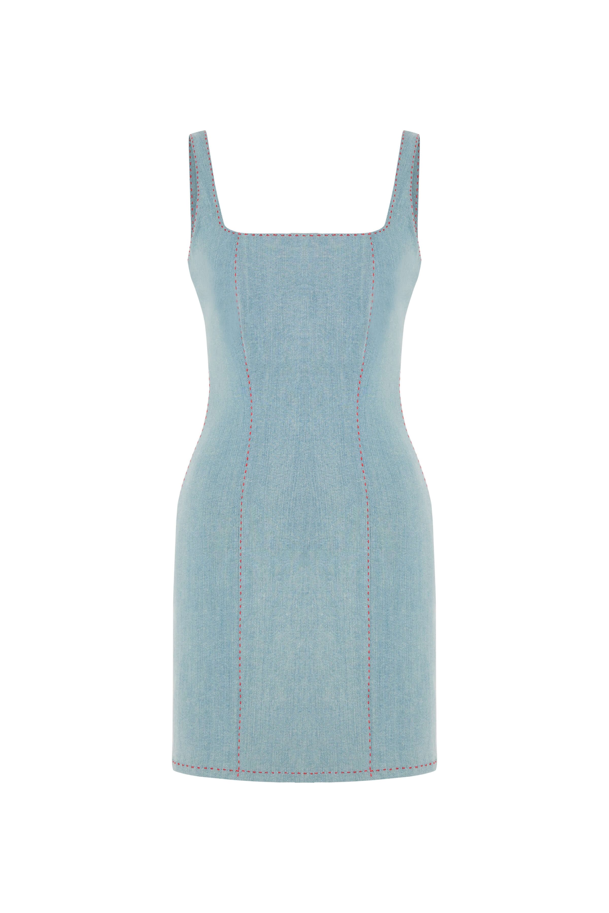JENDUE Rachele Dress - Denim Mini Dress with Red Stitch