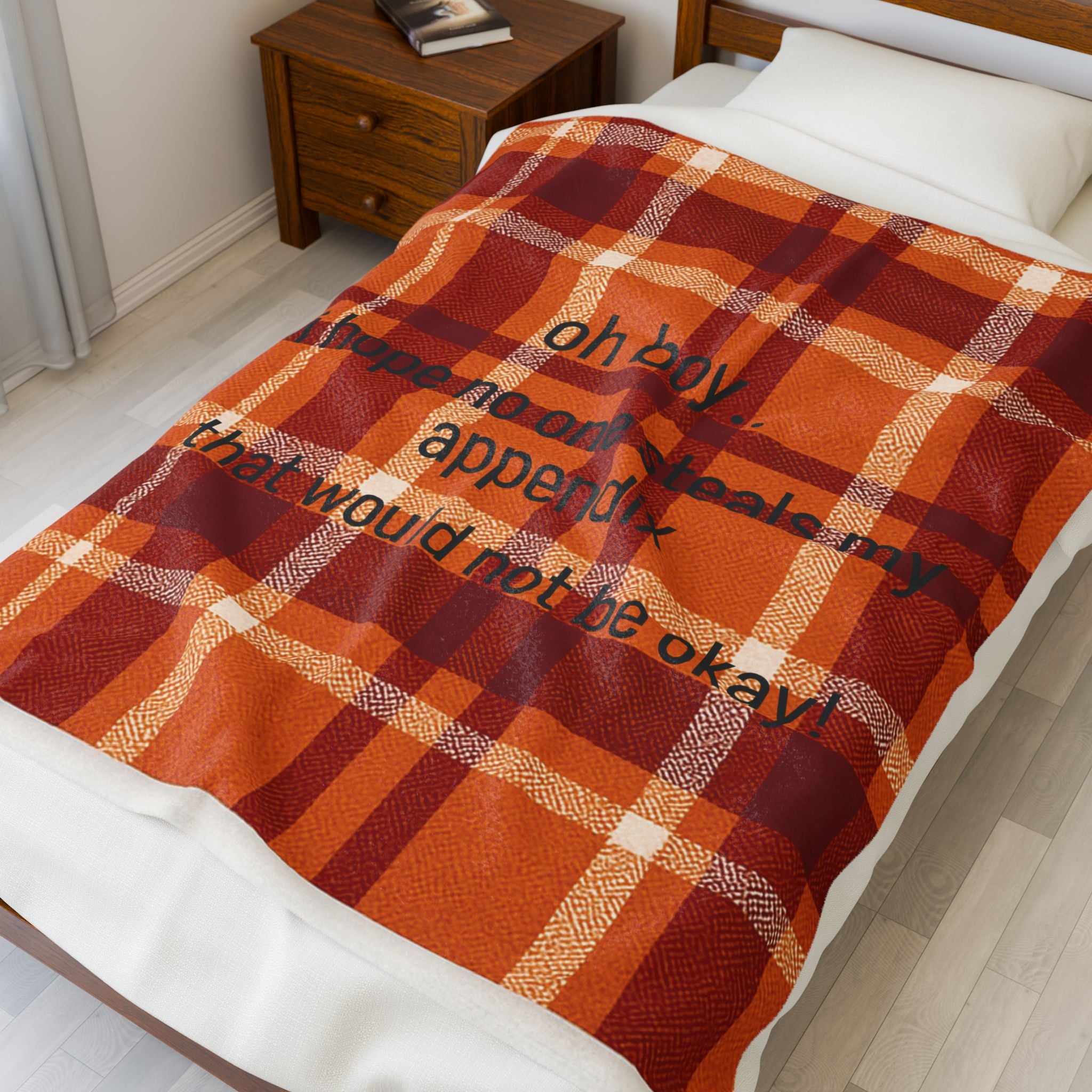 Velveteen Plush Blanket — Plaid 'oh boy.. i hope no one steals my appendix that would not be okay!' Cozy Fall Throw