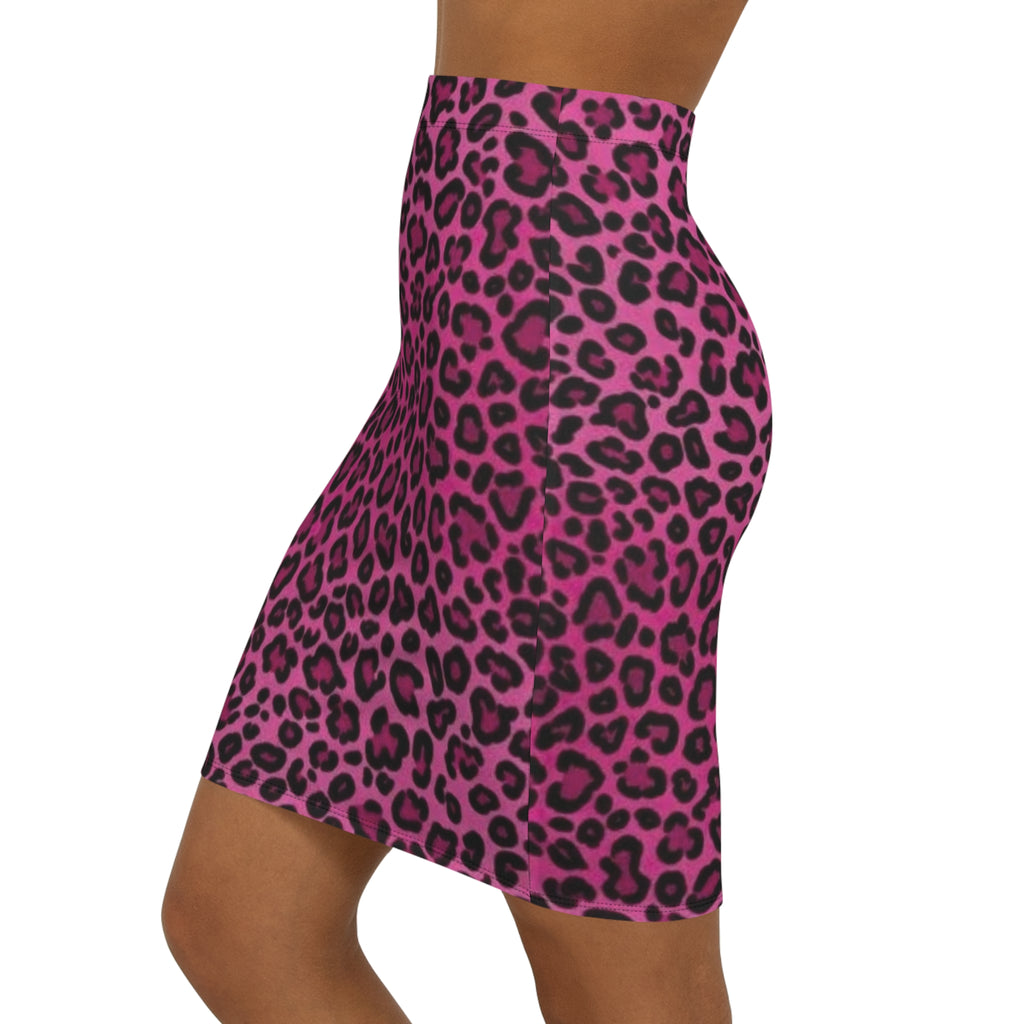 Pink Leopard Print Pencil Skirt — Women's Mid-Waist cheetah Print - PINK ROGUE PIXIE -