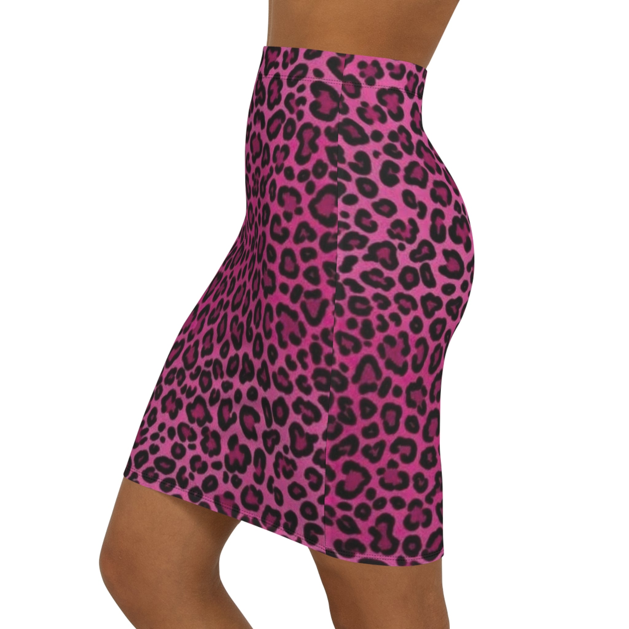 Pink Leopard Print Pencil Skirt — Women's Mid-Waist cheetah Print - PINK ROGUE PIXIE -