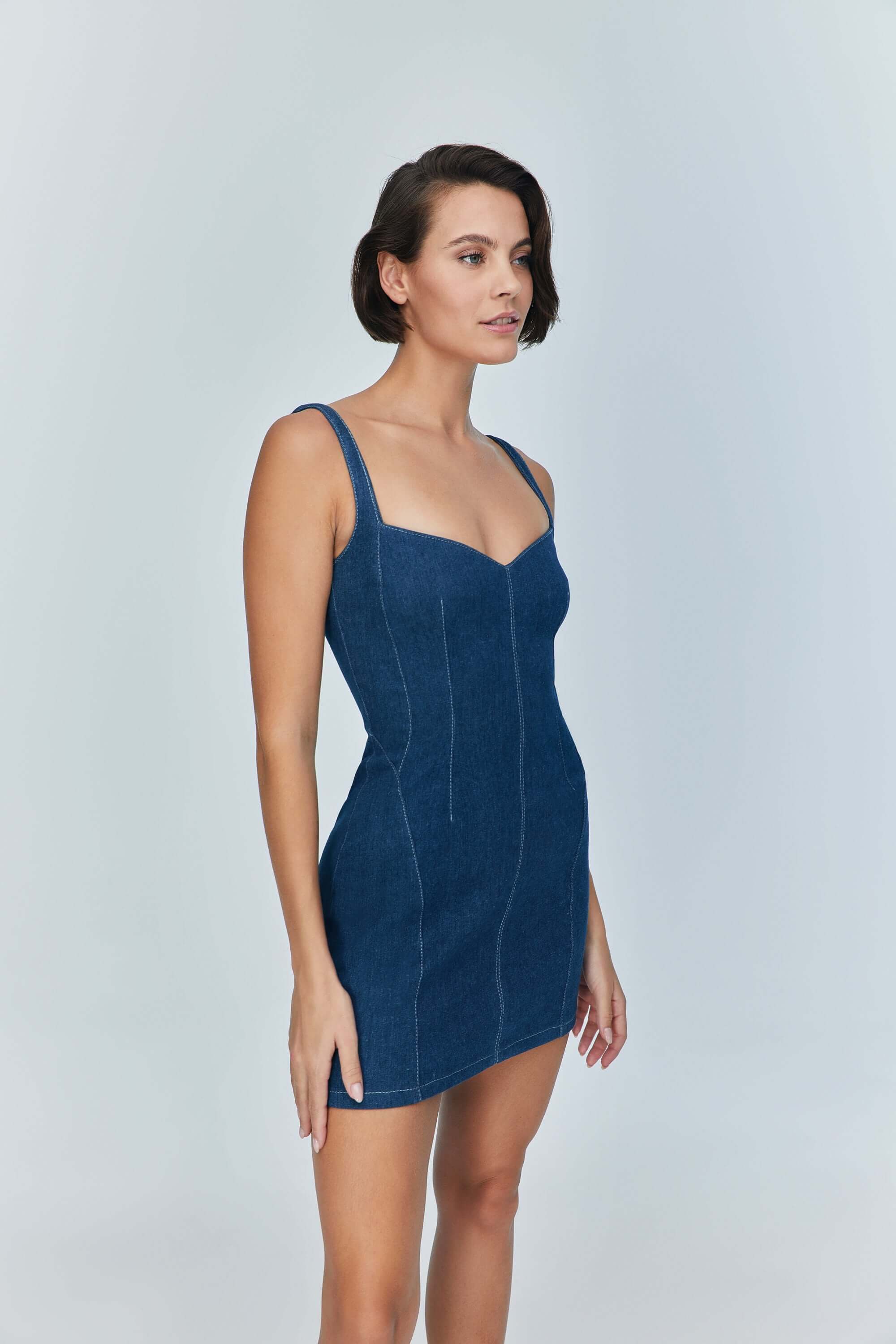 JENDUE Sosa Denim Mini Dress - Sleeveless Bodycon Jean Dress